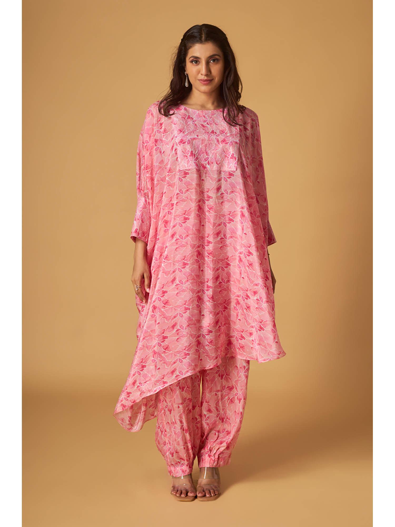 pink crepe printed embroidered kaftan and pant co-ord (set of 2)