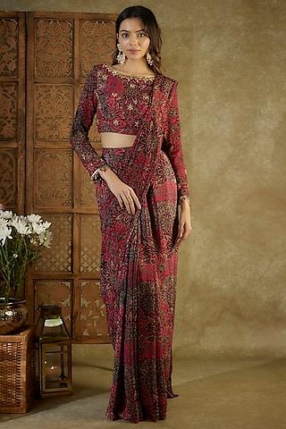 pink crepe printed pre-stitched saree set