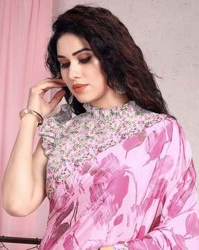 pink crepe silk floral print border saree traditional saree