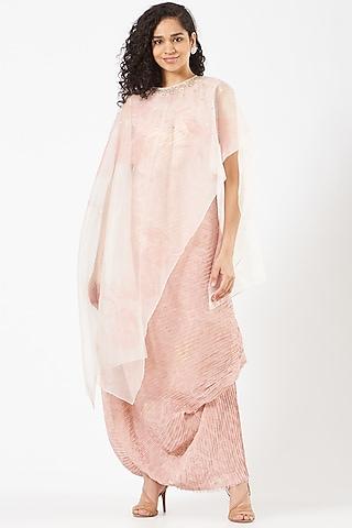 pink crinkle georgette draped dress with cape