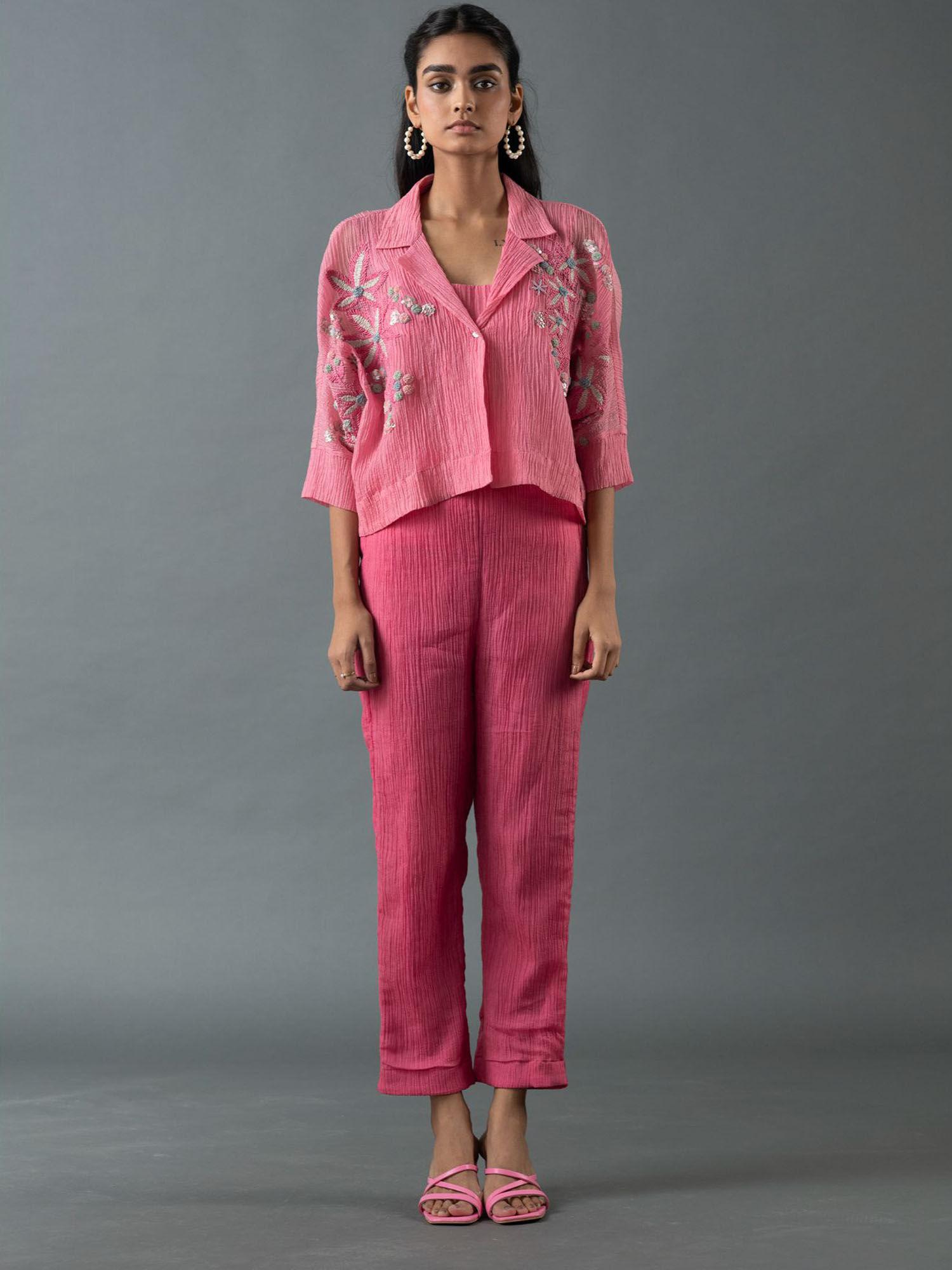 pink crop jacket with inner and pant (set of 3)
