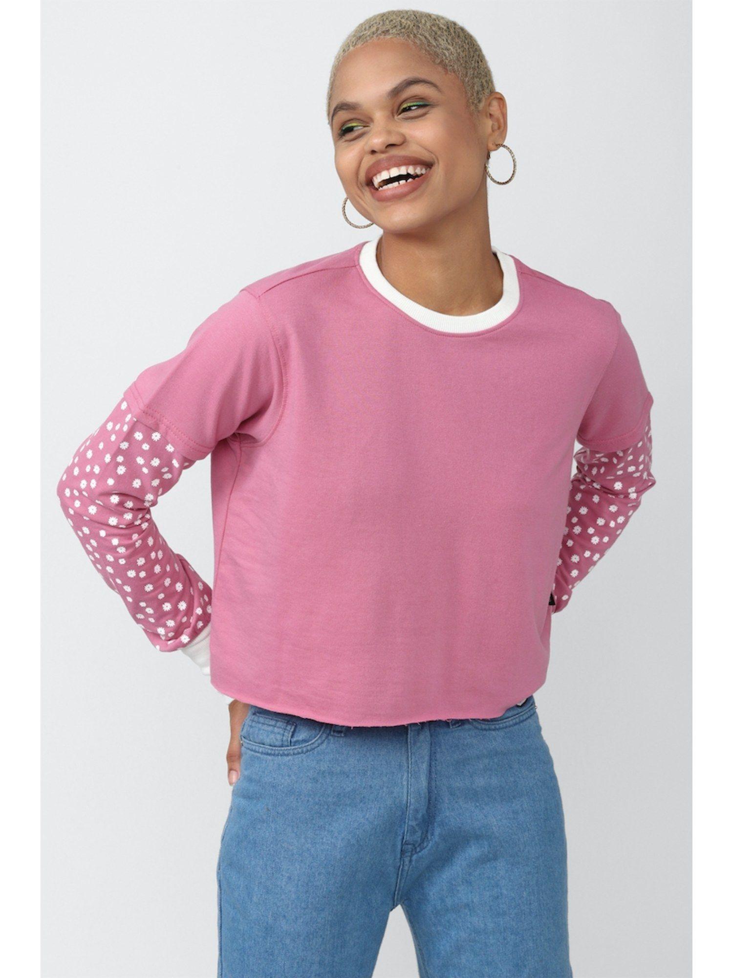 pink crop t shirt with long sleeves