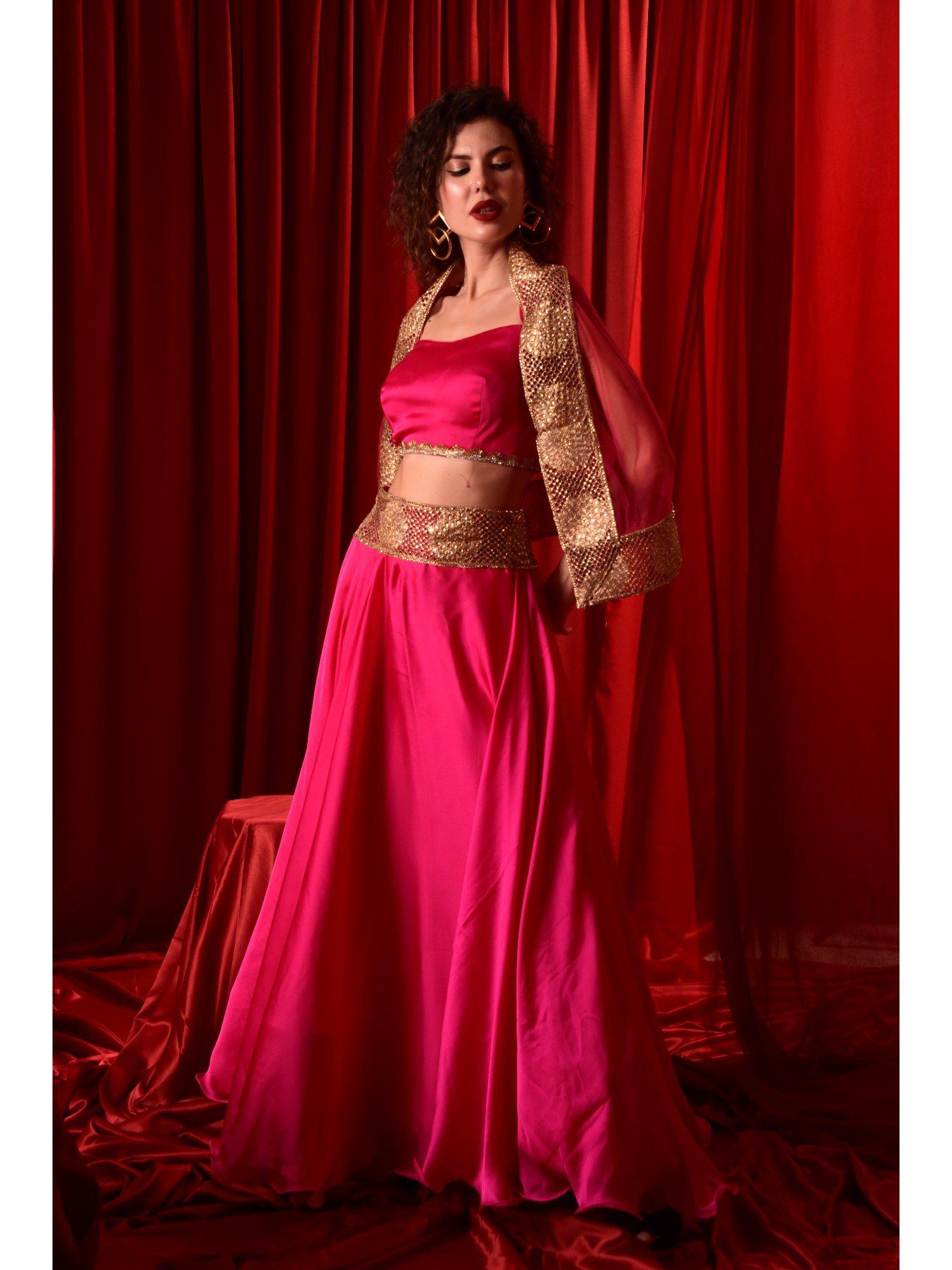 pink crop top with lehenga and dupatta (set of 3)