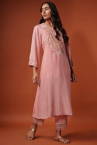 pink crushed silk bead embroidered kurta set