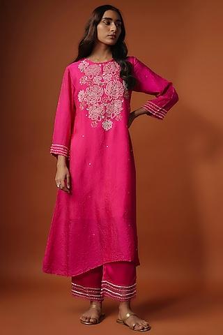 pink crushed silk bead embroidered kurta set