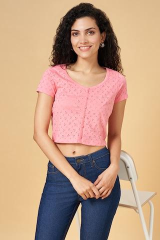 pink cut work casual short sleeves round neck women crop fit top
