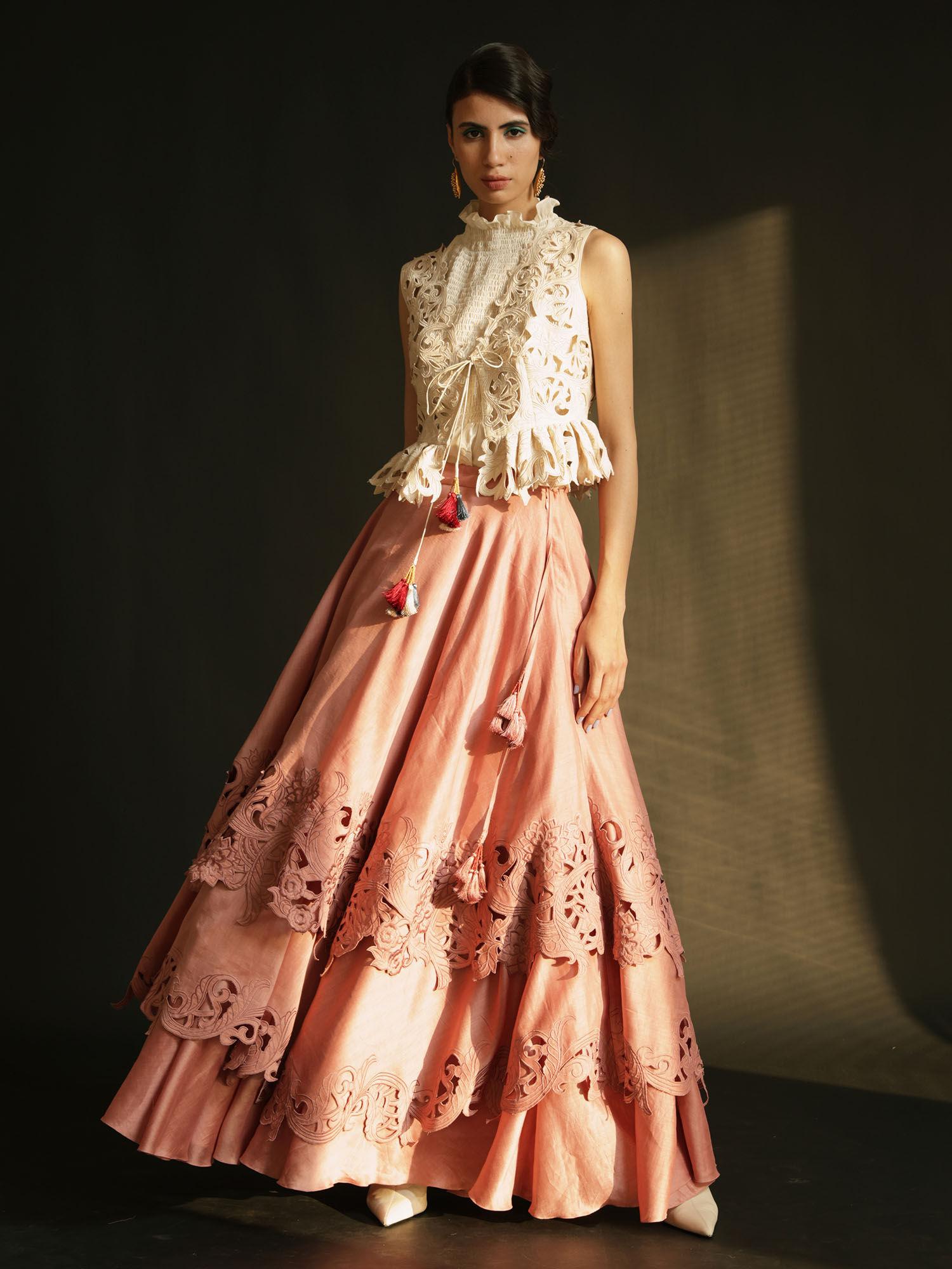 pink cutwork layered lehenga