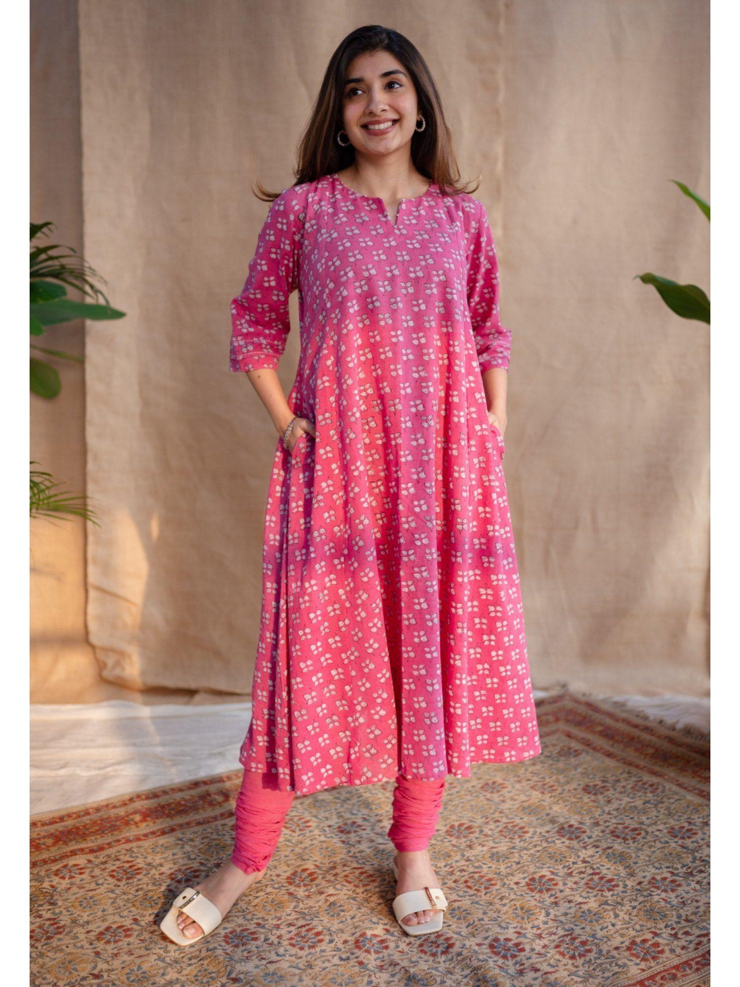 pink dabu slub cotton hand printed kali kurta