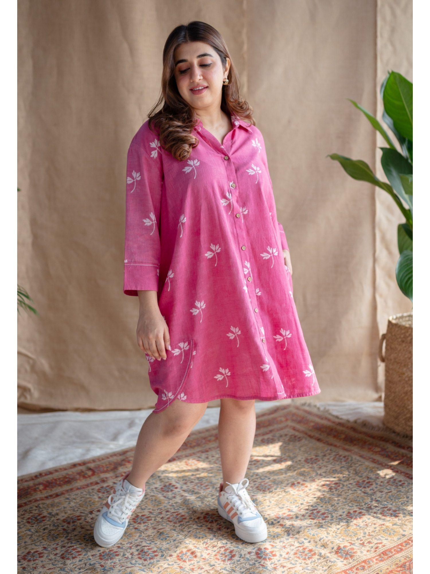 pink dabu slub cotton printed dress