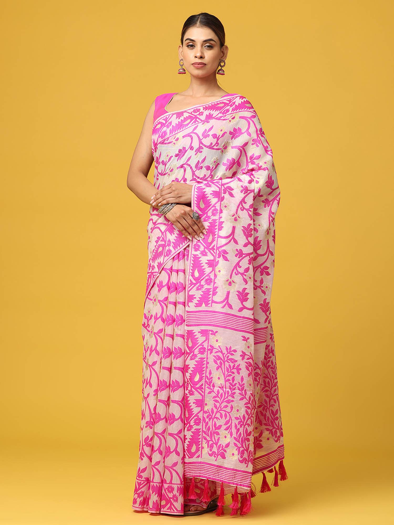 pink dhakai jamdani saree with unstitched blouse