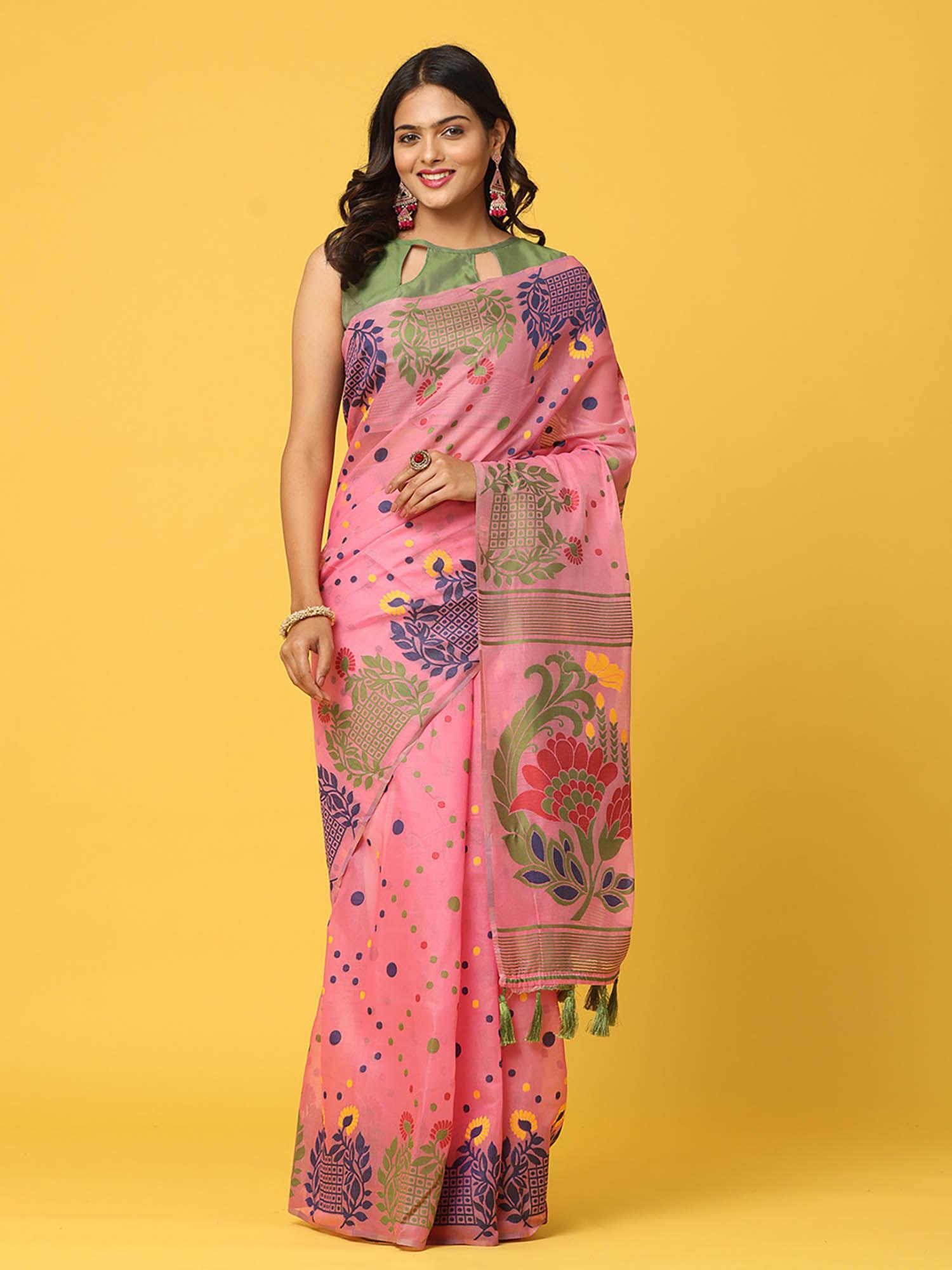 pink dhakai jamdani saree with unstitched blouse