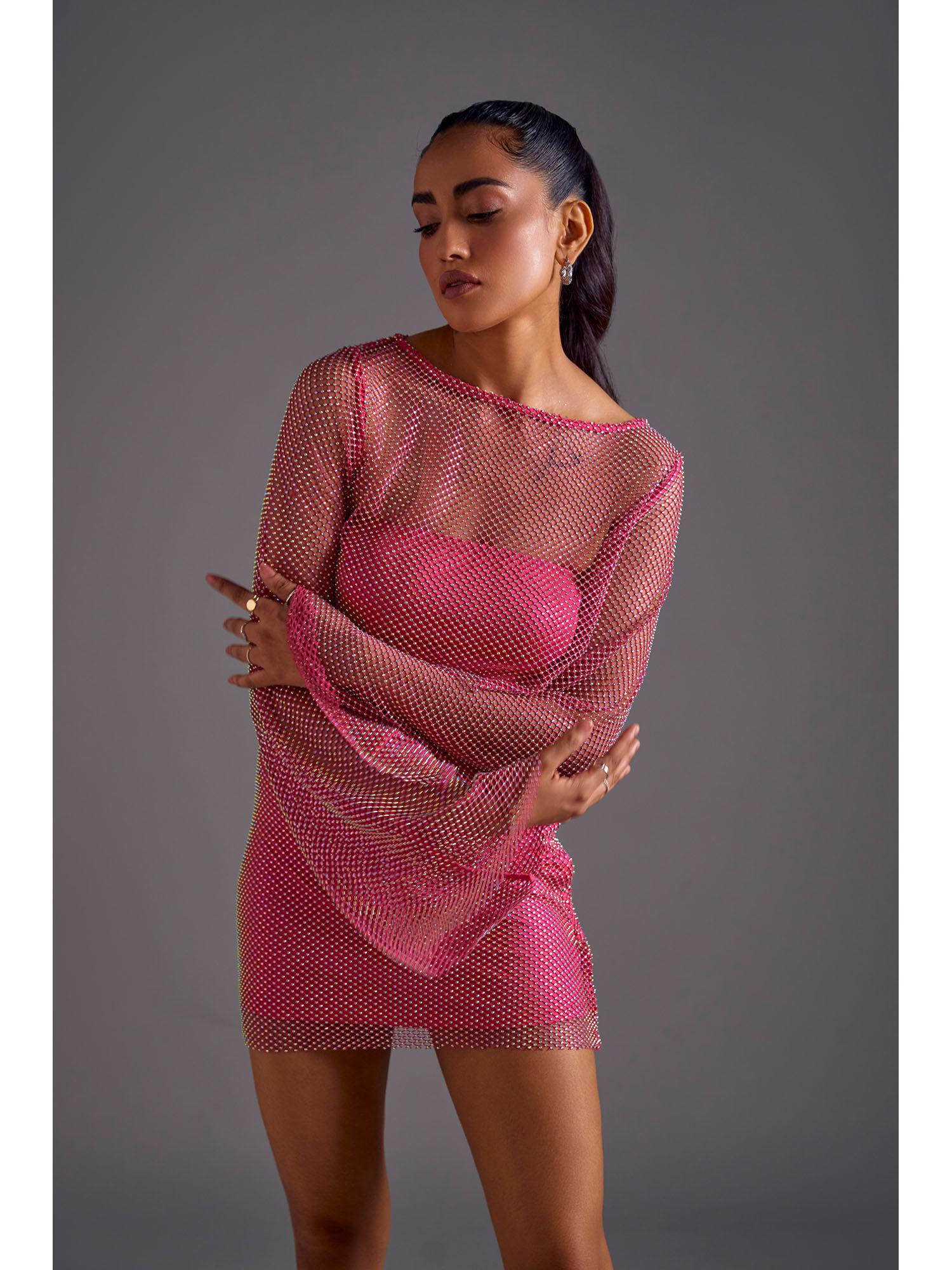 pink diamond mesh crop top with tube (set of 2)