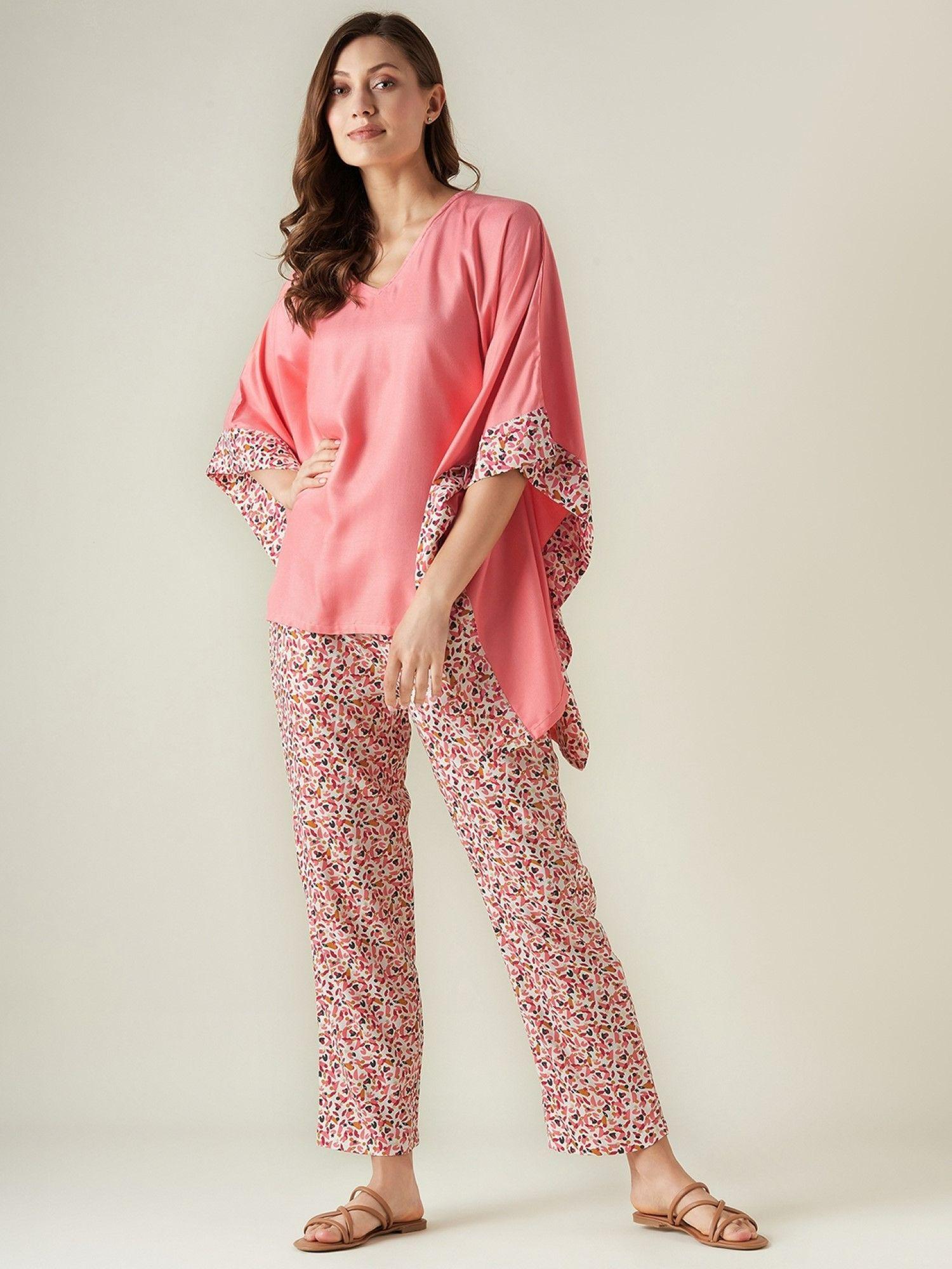 pink ditsy floral kaftan pajama (set of 2)