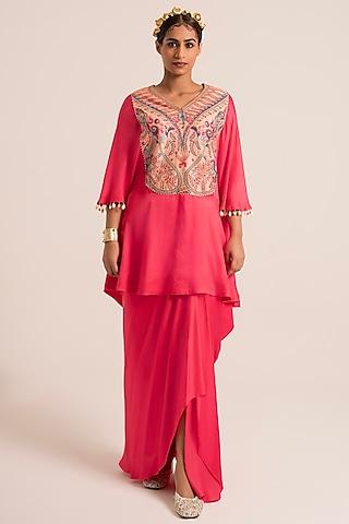 pink dola silk & satin printed kaftan set