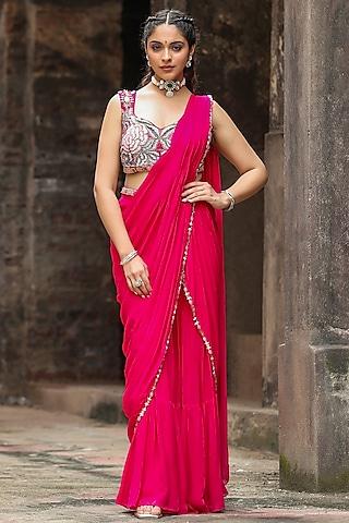 pink dola silk embellished pre-draped sharara pant saree set