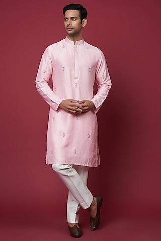 pink dola silk hand embroidered kurta set