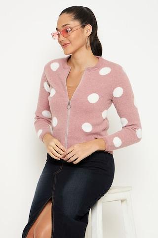 pink dots casual full sleeves crew neck women slim fit cardigan