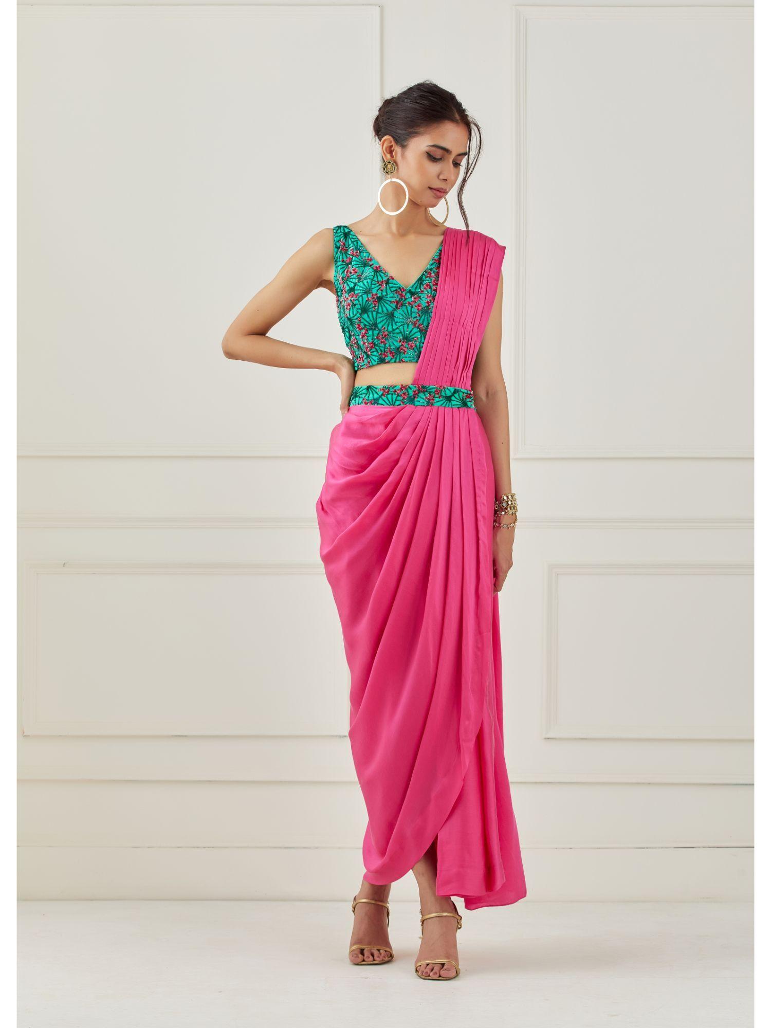 pink draped saree with sleeveless stitched blouse