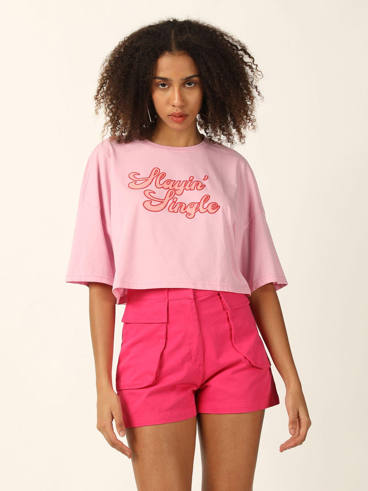 pink drop shoulder crop t-shirt