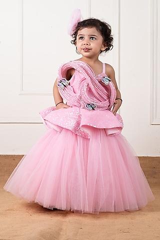 pink dupion & net draped gown for girls