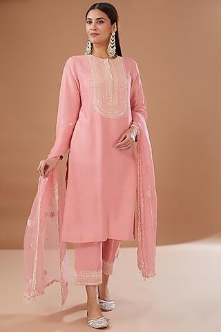 pink dupion silk embroidered kurta set