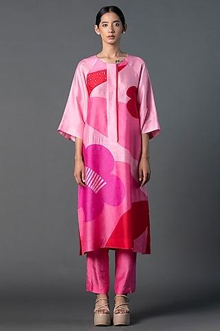 pink dupion silk floral printed tunic set