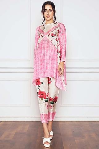 pink dupion silk floral printed tunic set