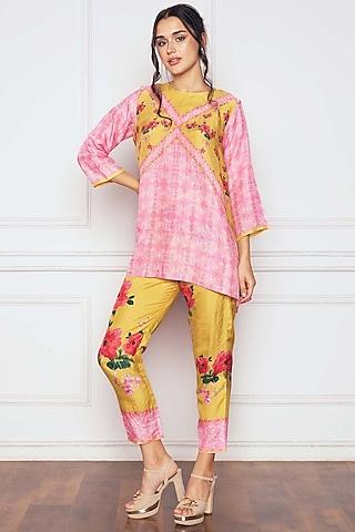 pink dupion silk floral printed tunic set