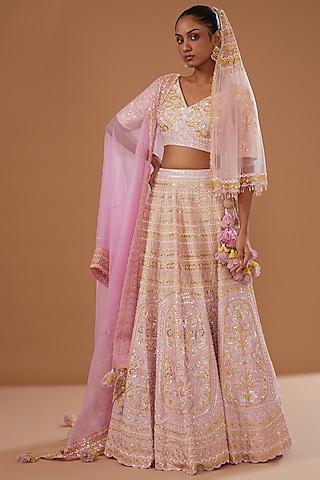 pink dupion silk hand embroidered lehenga set