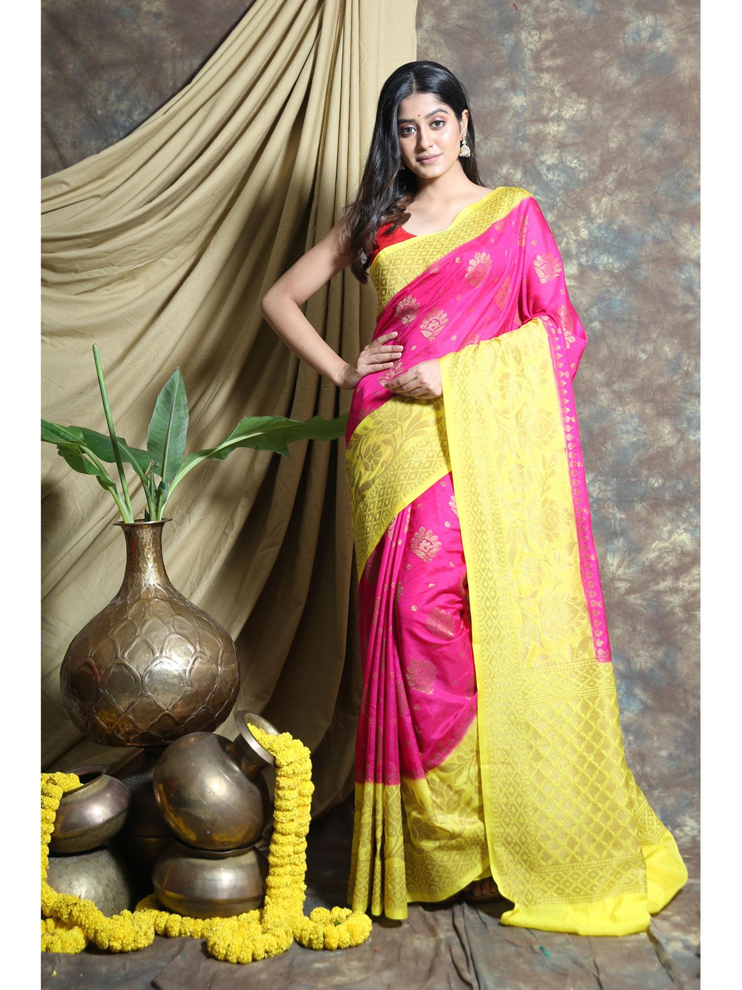 pink dupion silk saree with floral zari weaving and unstitched blouse