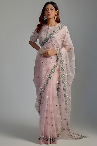 pink dutch organza hand embroidered saree set