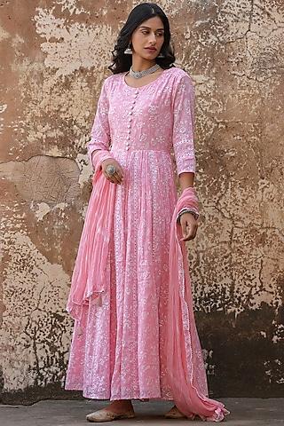 pink embellished anarkali set