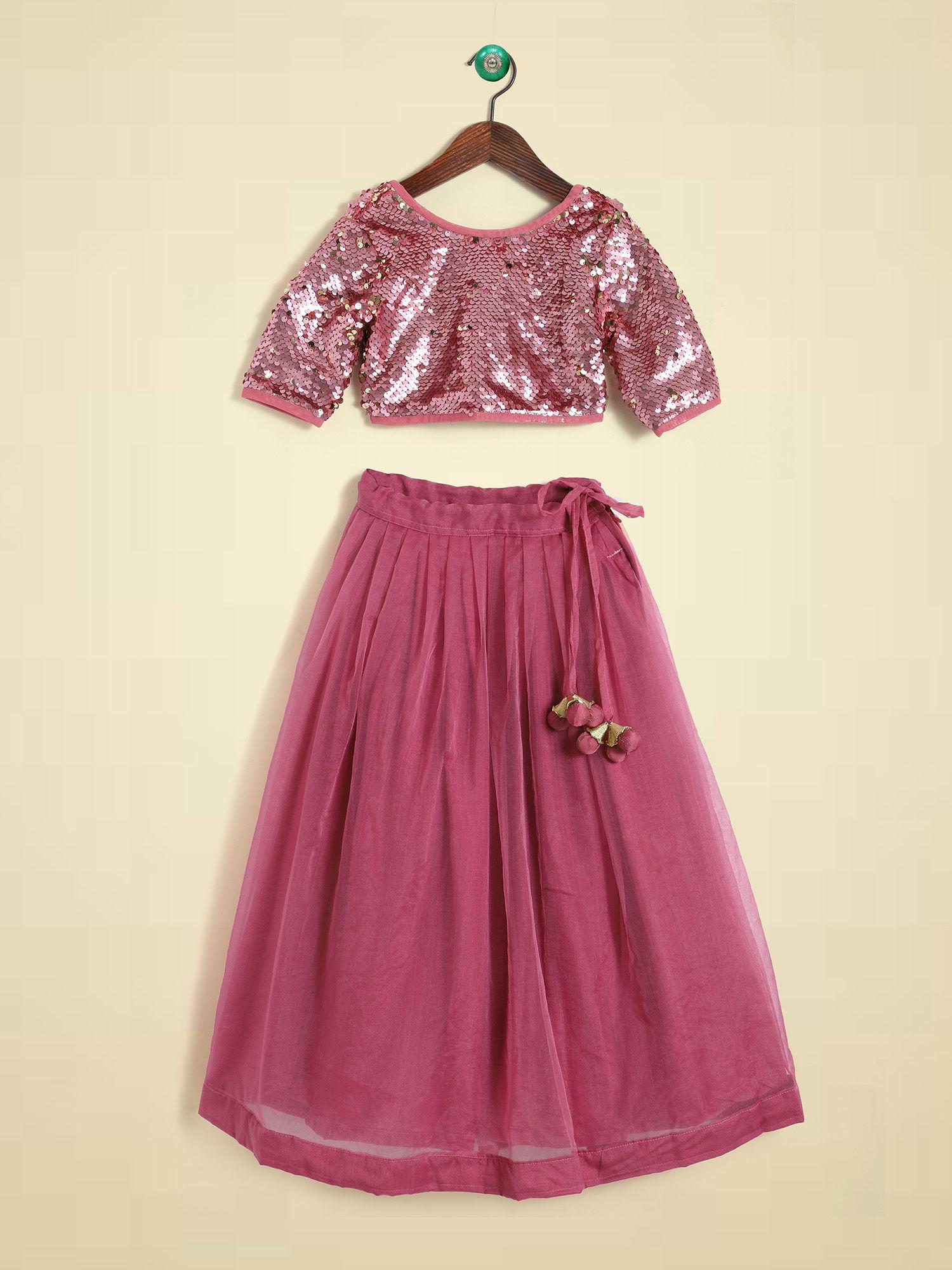 pink embellished blouse and lehenga (set of 2)