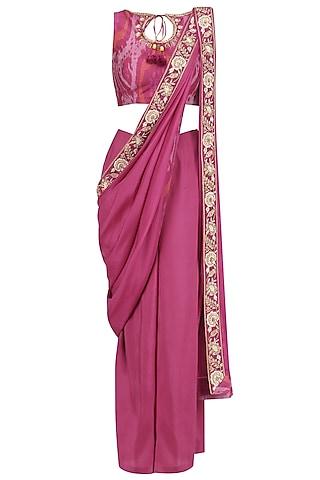 pink embellished border drape saree with ikat print crop top