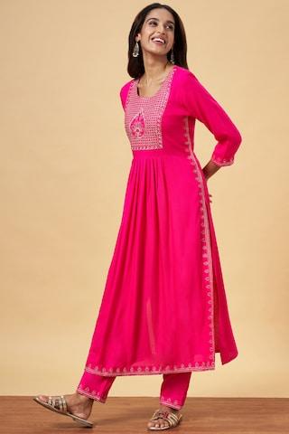 pink embellished casual 3/4th sleeves round neck women regular fit  pant kurta set