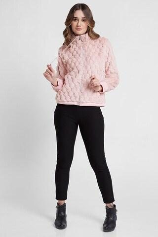 pink embellished casual full sleeves turtle neck women regular fit jacket