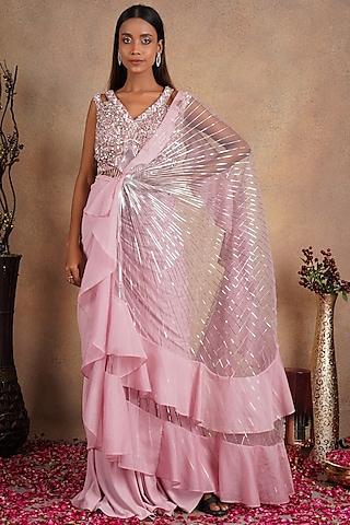 pink embellished draped saree set