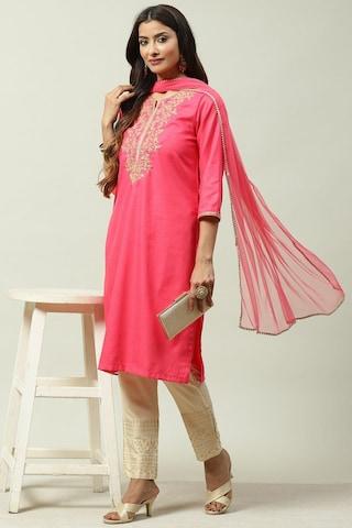 pink embellished ethnic round neck 3/4th sleeves ankle-length women straight fit palazzo kurta dupatta set