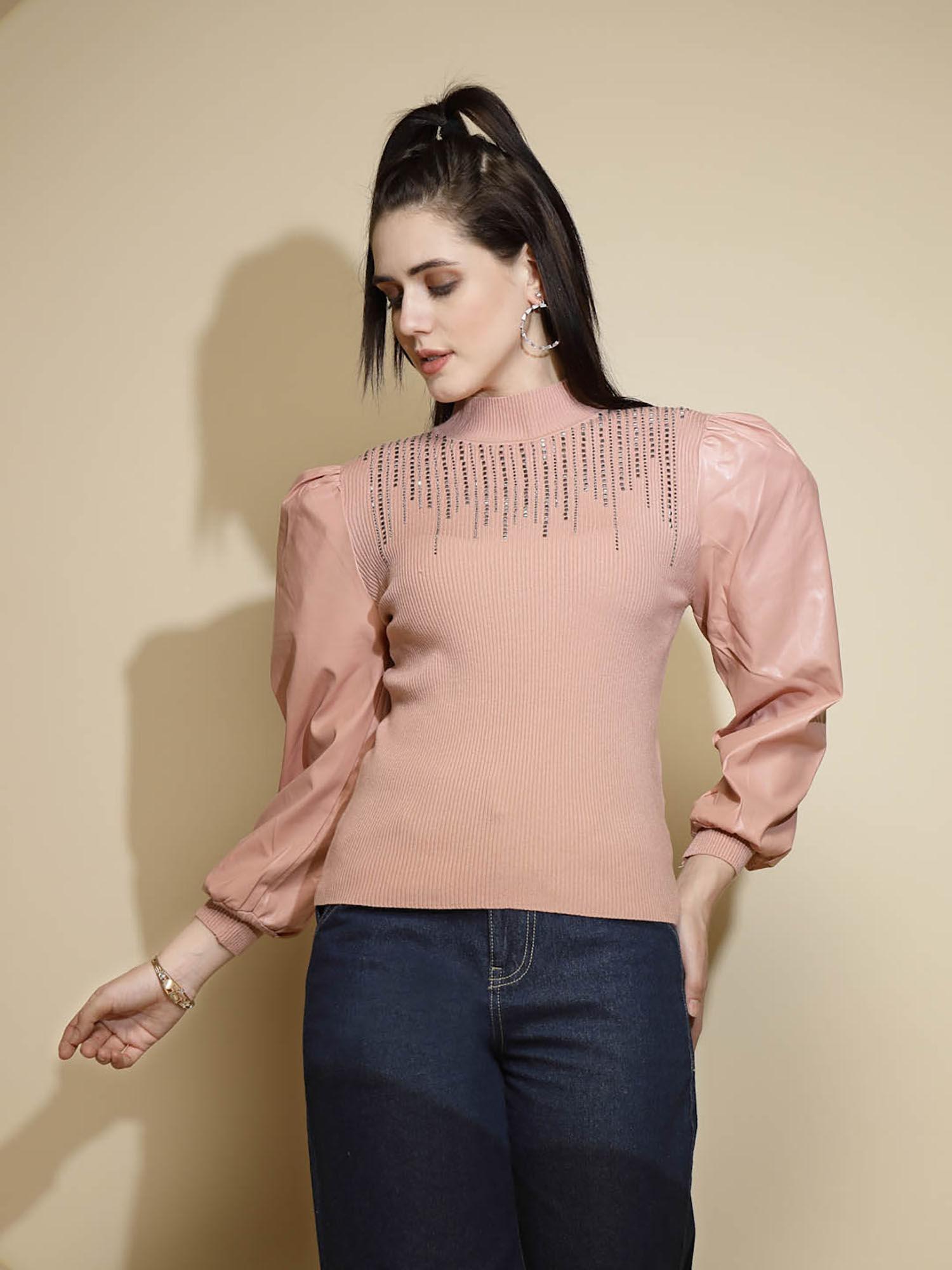 pink embellished high neck sweater