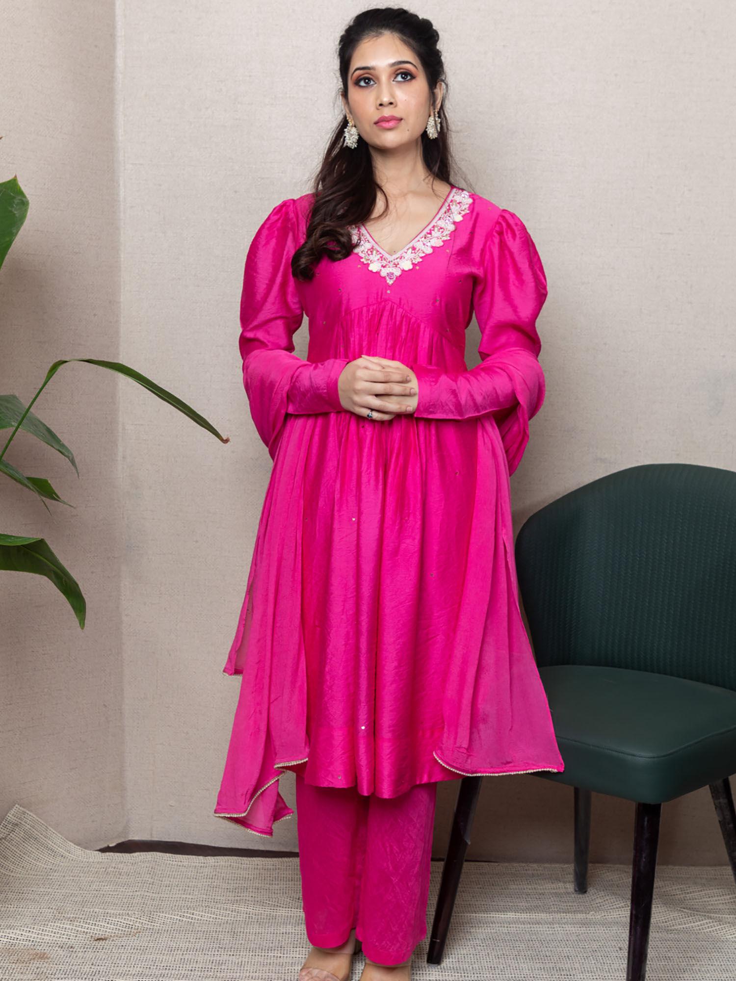 pink embellished puffed sleeved kurta with dupatta (set of 3)