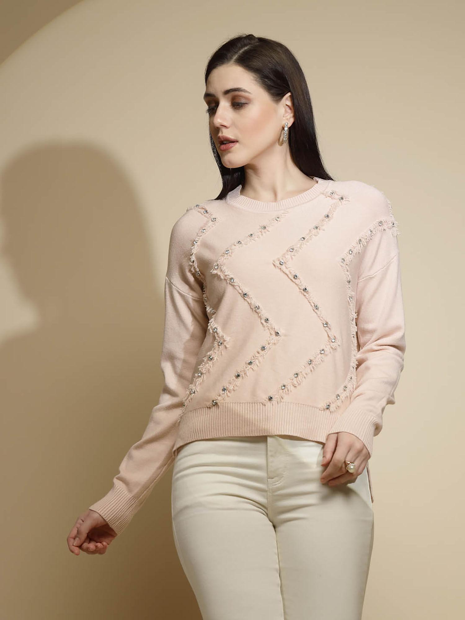 pink embellished round neck sweater