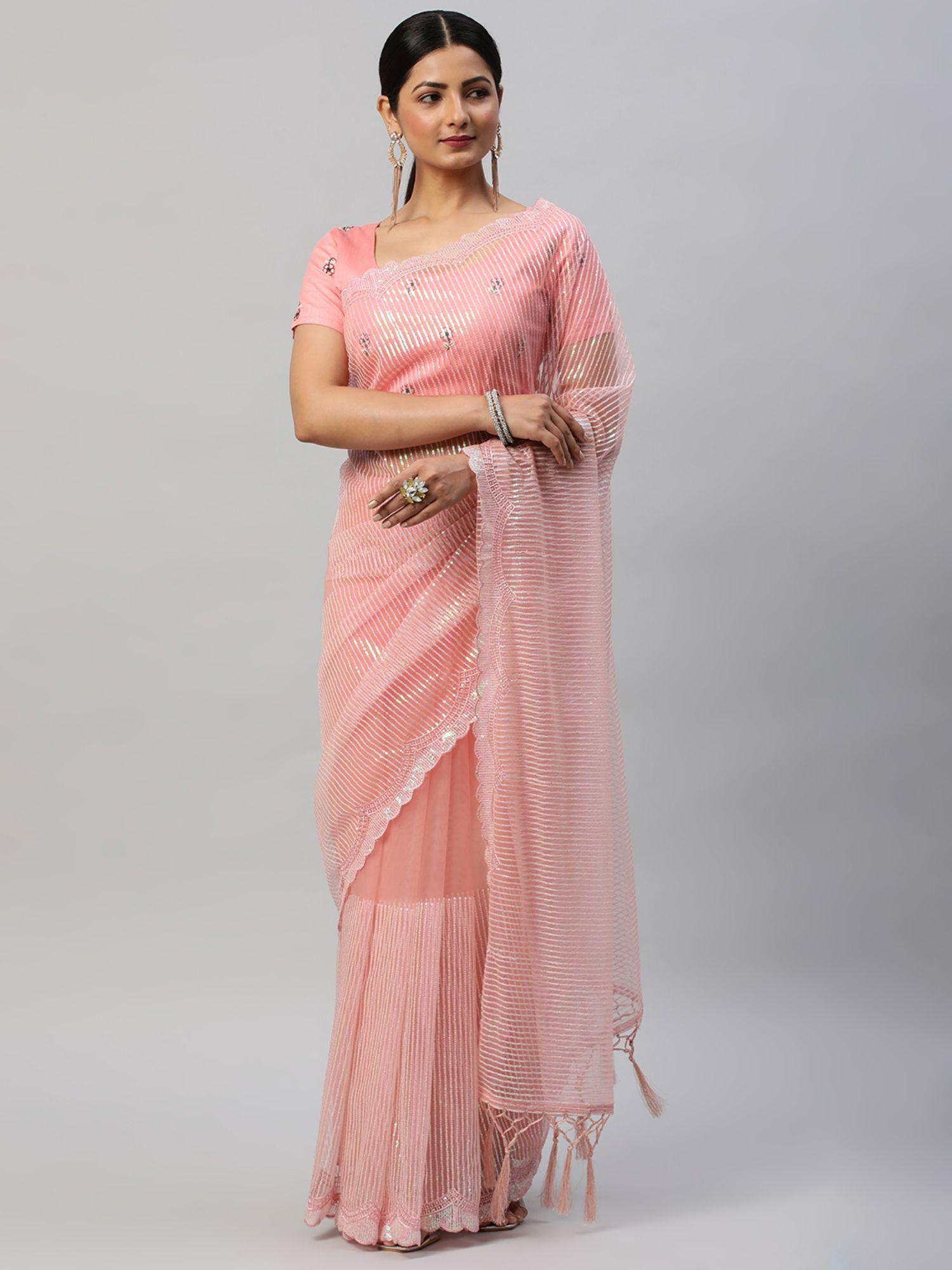 pink embellished sequinned saree with unstitched blouse