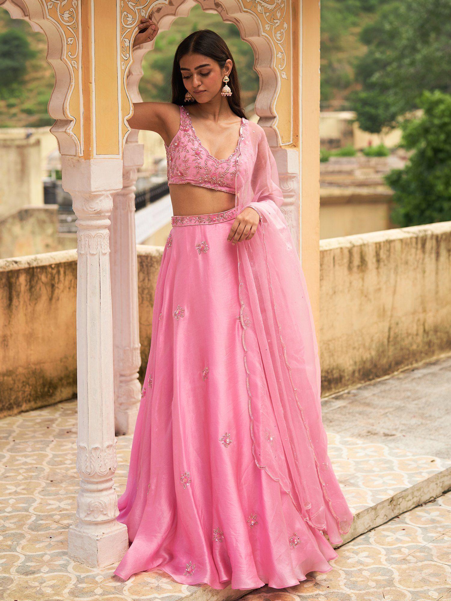 pink embroidered- sequined lehenga with blouse and an organza dupatta (set of 3)