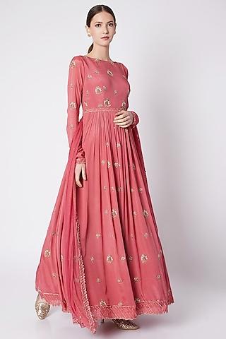 pink embroidered anarakli with dupatta