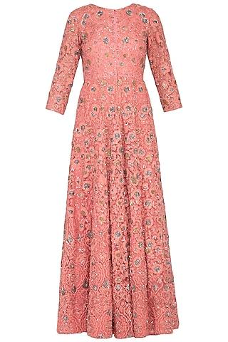 pink embroidered anarkali gown with churidar pants