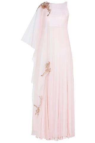 pink embroidered anarkali gown with overlay