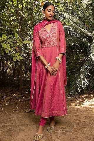 pink embroidered anarkali set