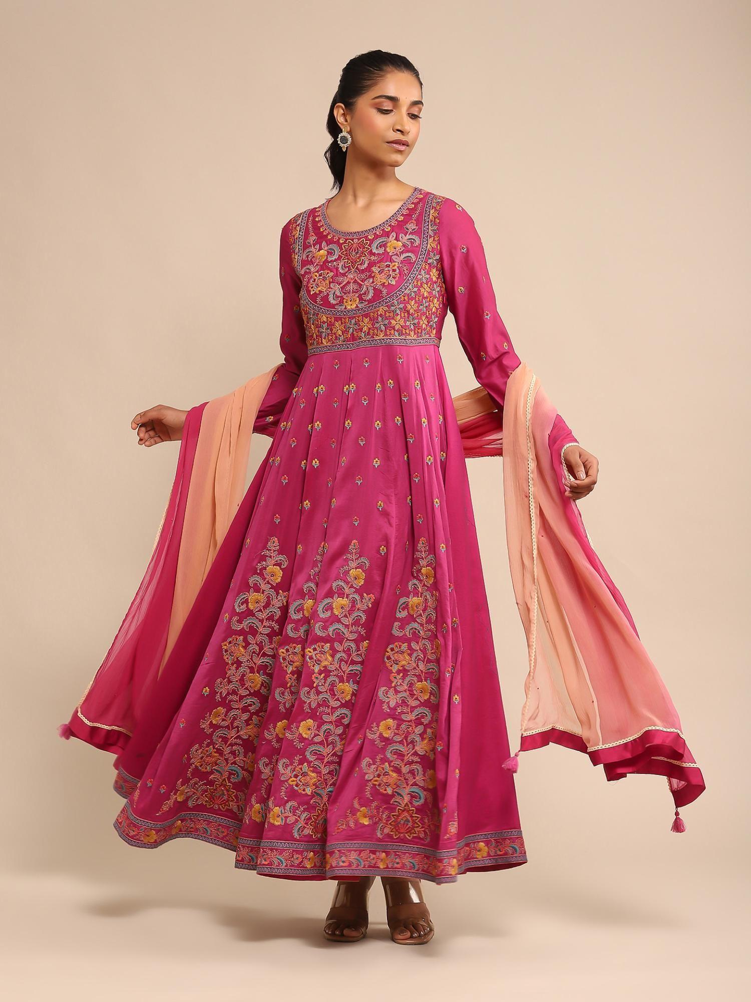 pink embroidered anarkali with legging and dupatta (set of 3)