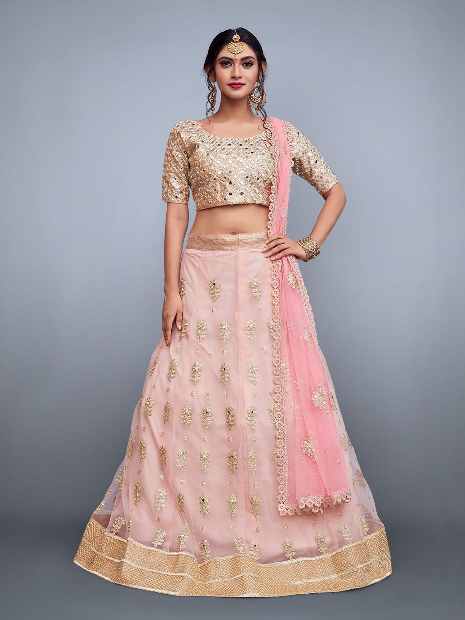 pink embroidered art silk semi stitched lehenga with unstitched blouse (set of 3)