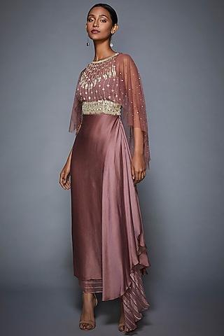 pink embroidered asymmetric gown with attached cape